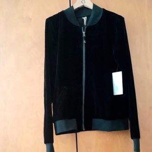 PrismSport Long Sleeve Black Top Large Bomber Jacket Zip Velvet New